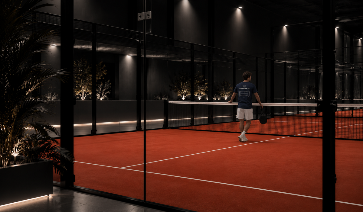 Model wearing the SOUVERN Glass Court Tee at the net of a padel court at night